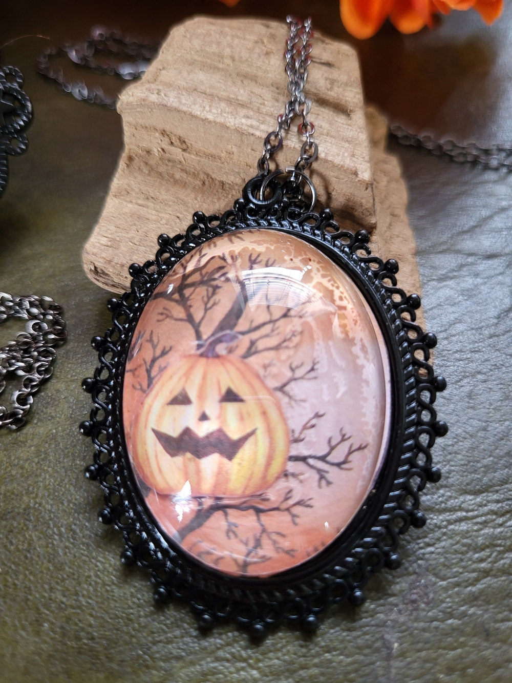 Halloween Pumpkin Oval Pendant Necklace - Black Frame, Glass Cabochon